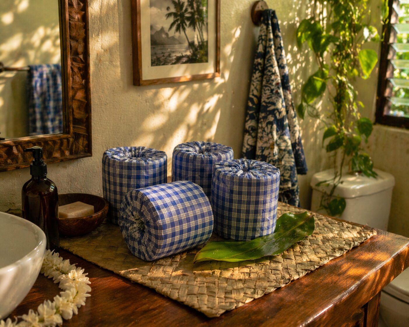 Four palaka-wrapped bamboo rolls on a lauhala placemat on a koa wood counter in a Hawaiian bathroom, with a palaka towel and plumeria lei nearby